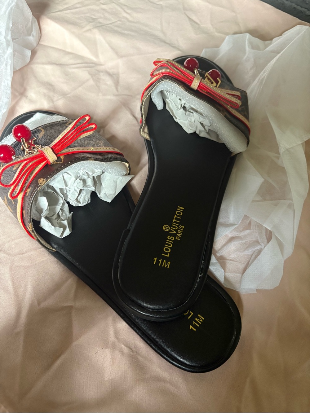 Louis Vuitton Monogram Slide Sandals with Red Trim & Gold Accents